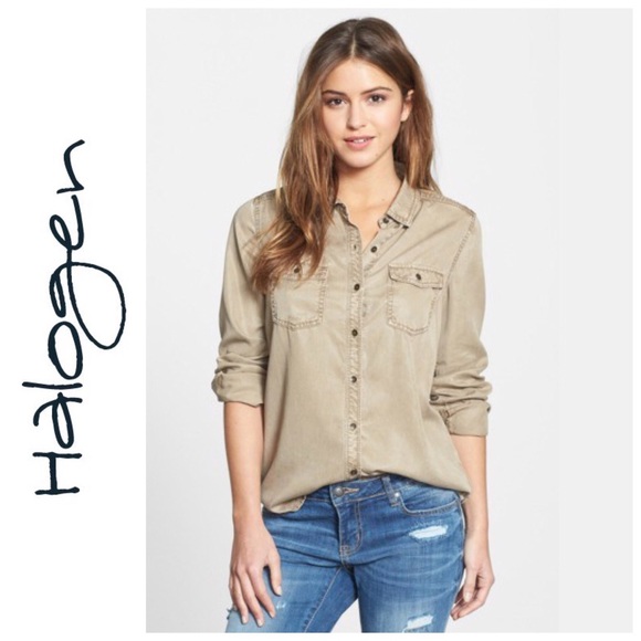Halogen Tops - HALOGEN | Tan Fossil Long Sleeve Chambray Shirt